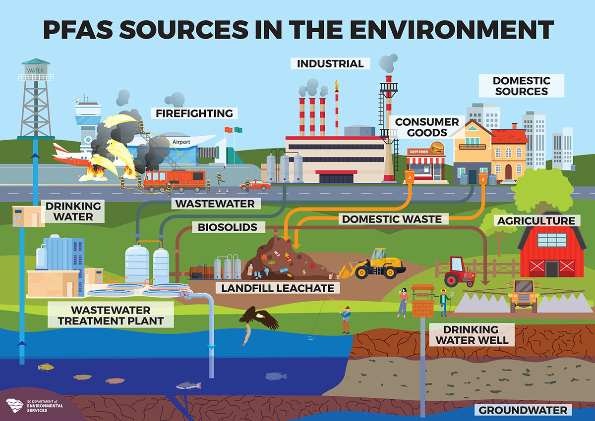 an image showing how industry and other activities contribute to PFAS accumulating into the environment