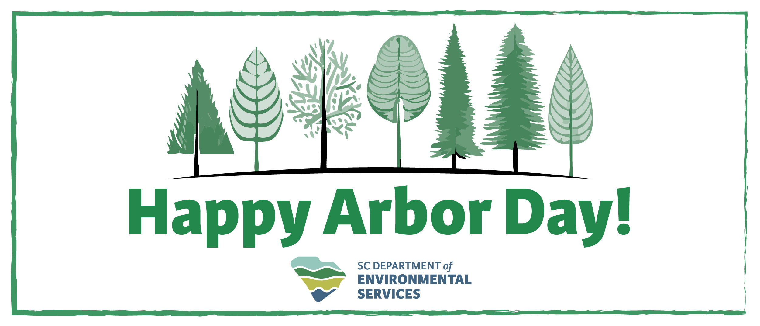 graphic depiction of trees that reads happy arbor day