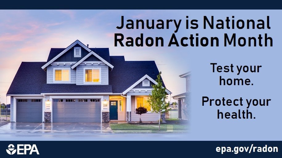 a house with lights on inside - wording that reads "January is National Radon Action Month"