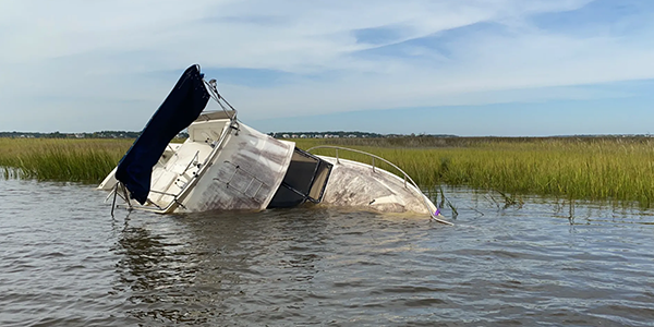 Derelict boat half sunken in water image
