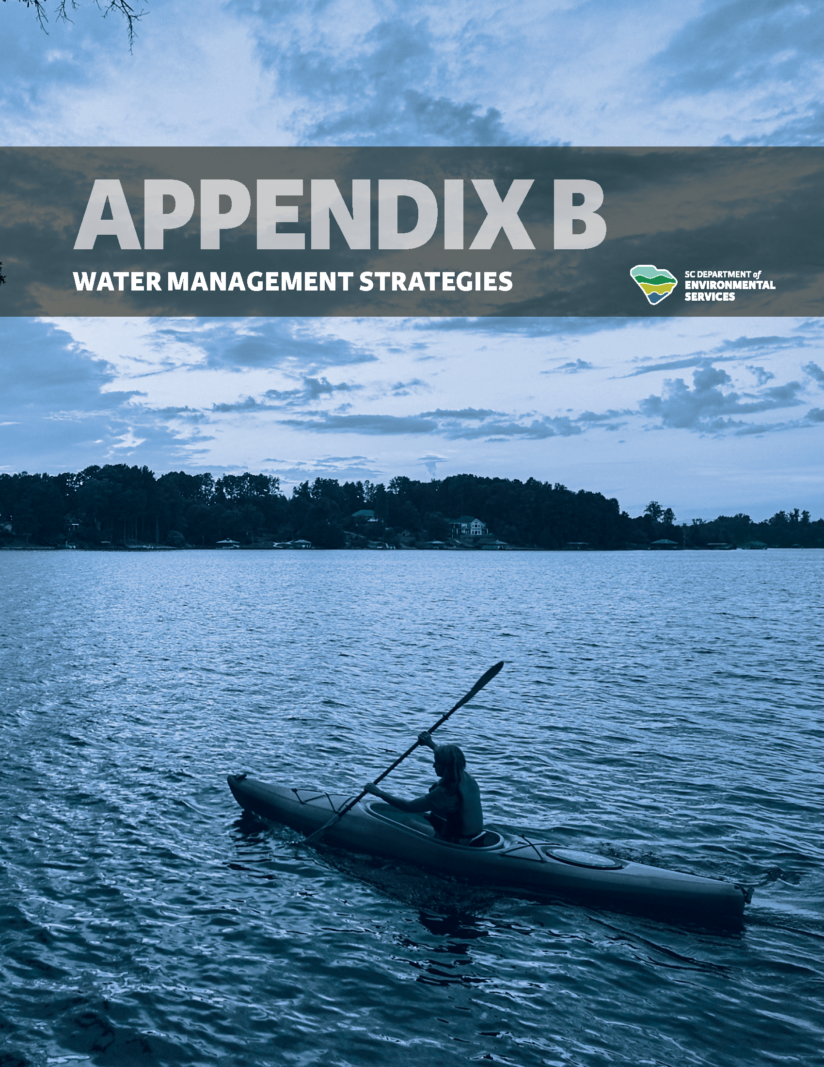 Cover of 'Appendix B: Water Management Strategies' of the State Water Plan, featuring an individual kayaking on a tranquil river at dusk.