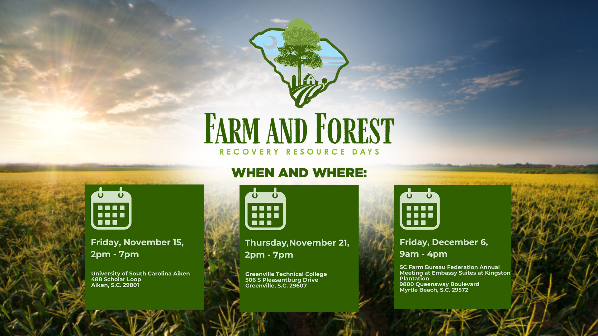 graphic listing days and times of Farm and Forest Recovery Resource Days