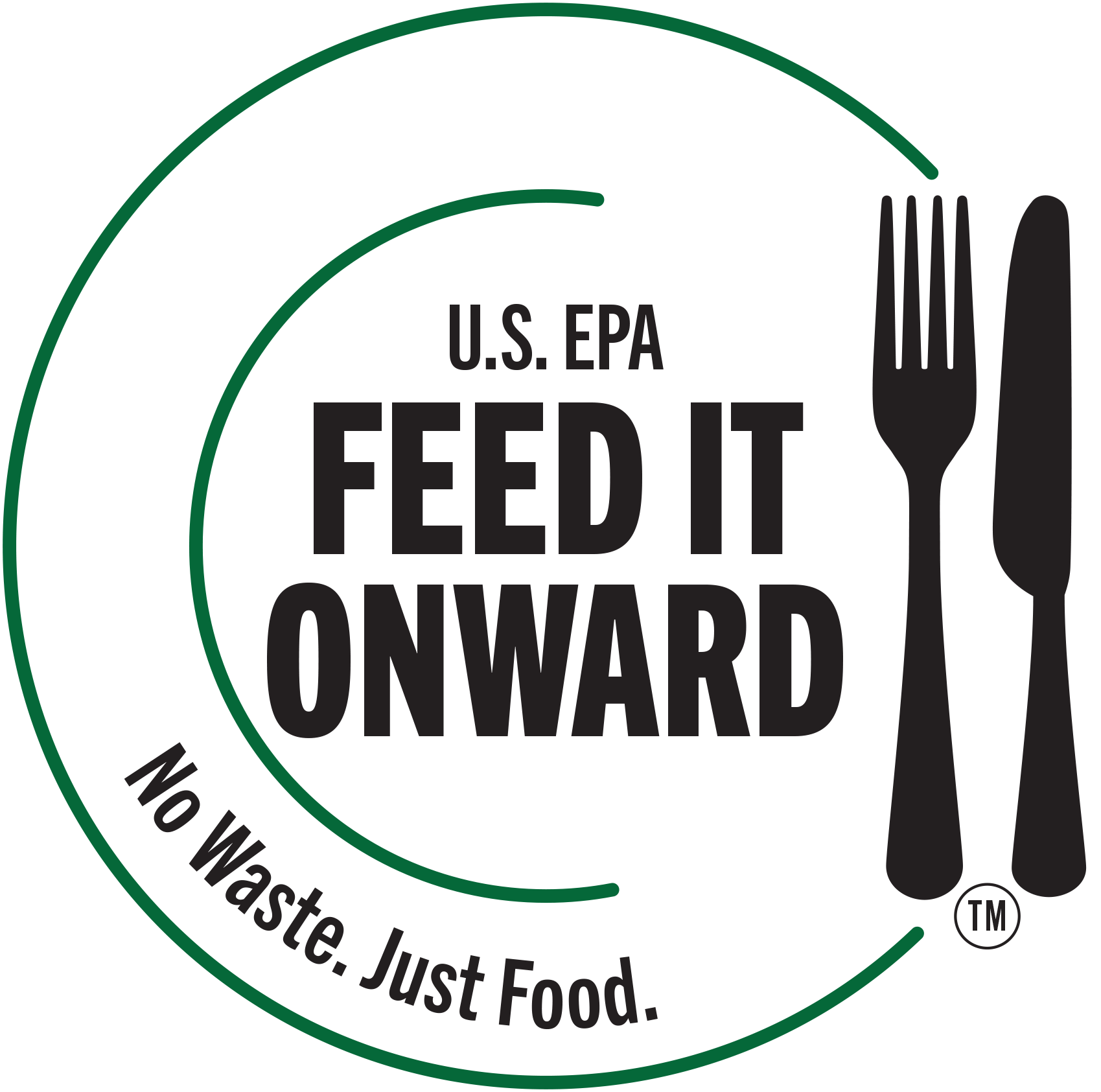 A circular green-line logo with the text “U.S. EPA Feed It Onward” in bold black letters at the center. To the right of the text is a black silhouette of a fork and knife. Along the lower left curve of the circle, the phrase “No Waste. Just Food.” appears in black text. The background is transparent.