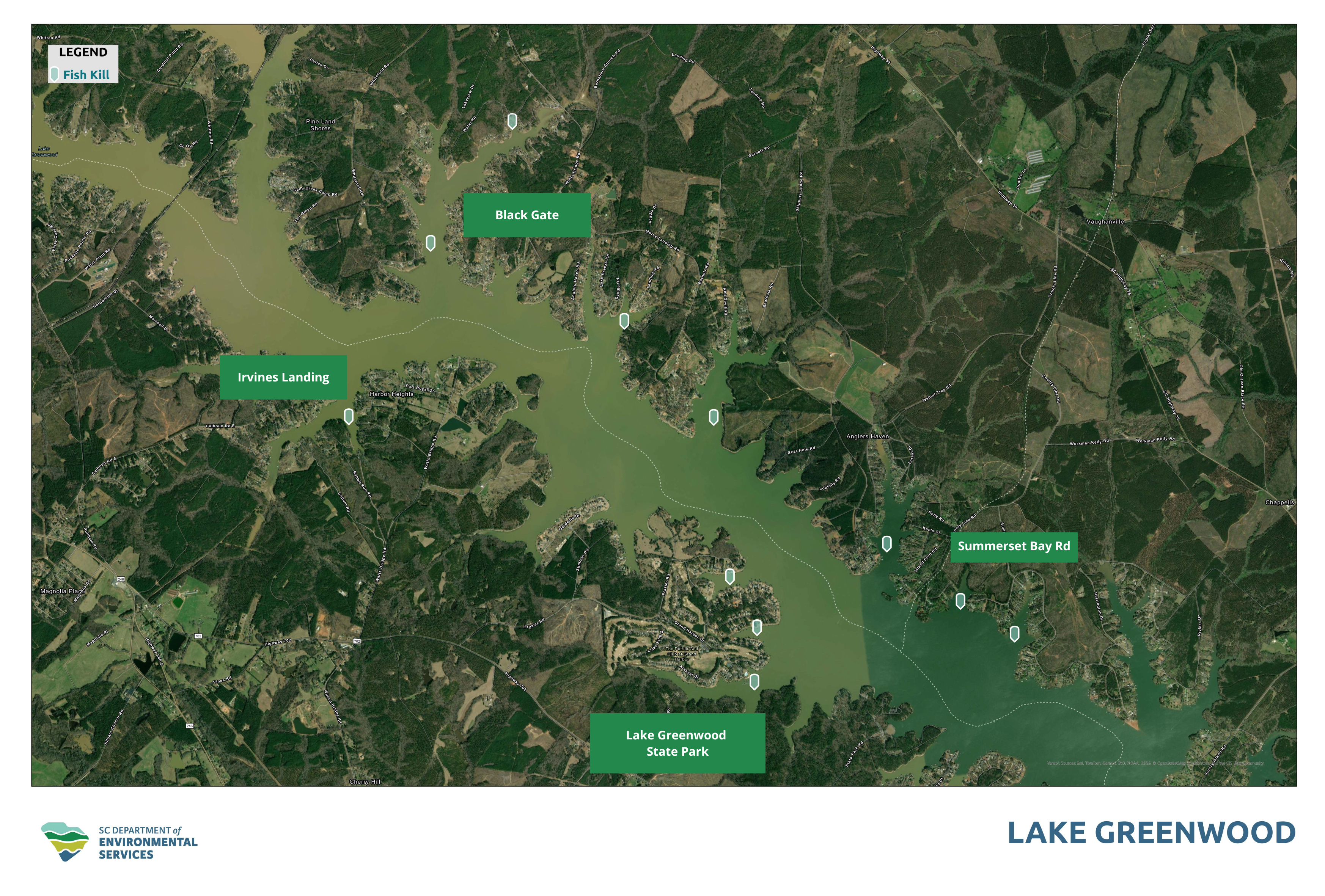 This image is a labeled map of Lake Greenwood, showing various points of interest like Black Goat, Irvinies Landing, Lake Greenwood State Park, and Summersett Bay Rd. The map is provided by the South Carolina Department of Environmental Services.