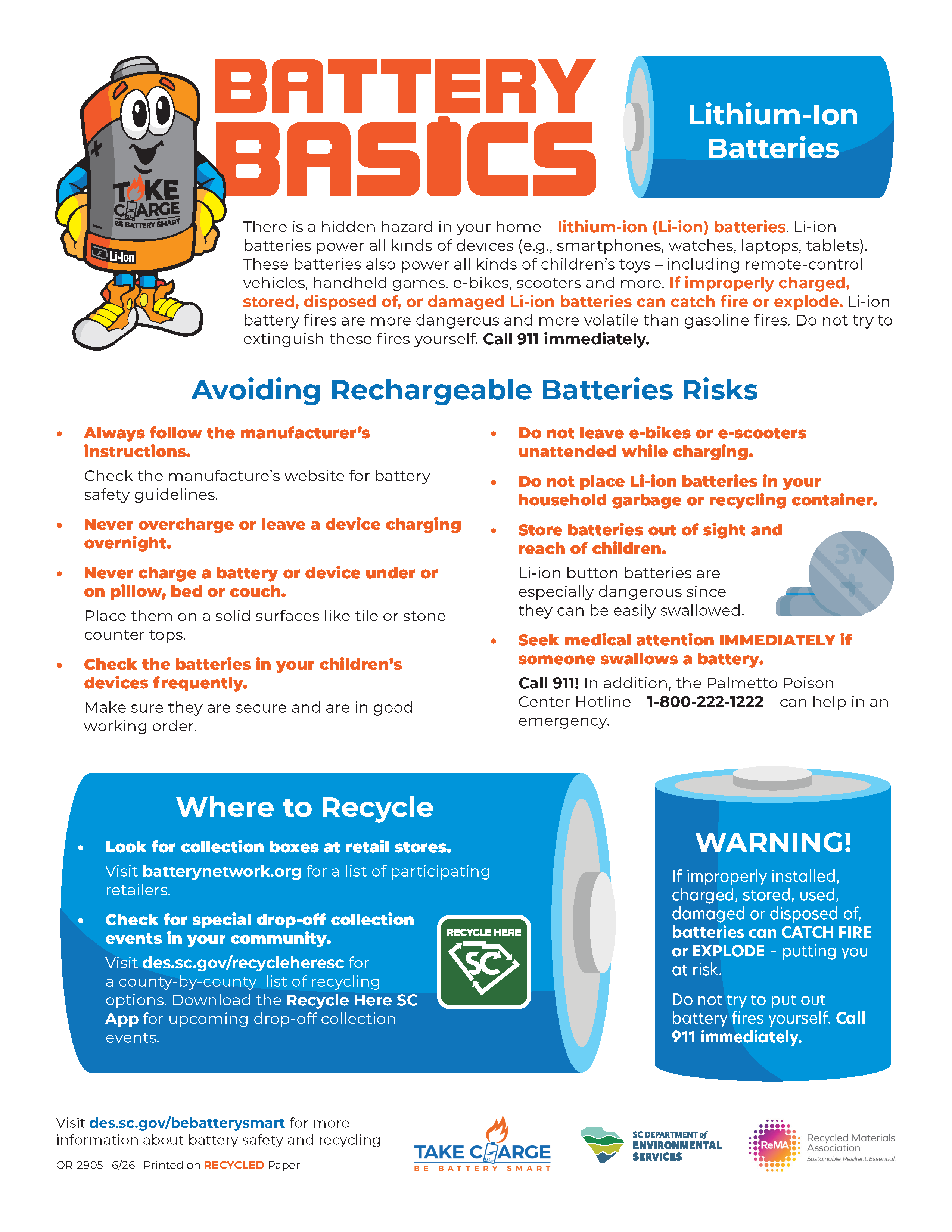 Infographic about lithium‑ion battery safety, listing key tips such as following manufacturer instructions, avoiding overcharging, keeping batteries on safe surfaces, checking children’s devices, not placing Li‑ion batteries in household trash, and keeping batteries out of reach. Includes guidance on where to recycle and a warning that improperly handled batteries can catch fire or explode.