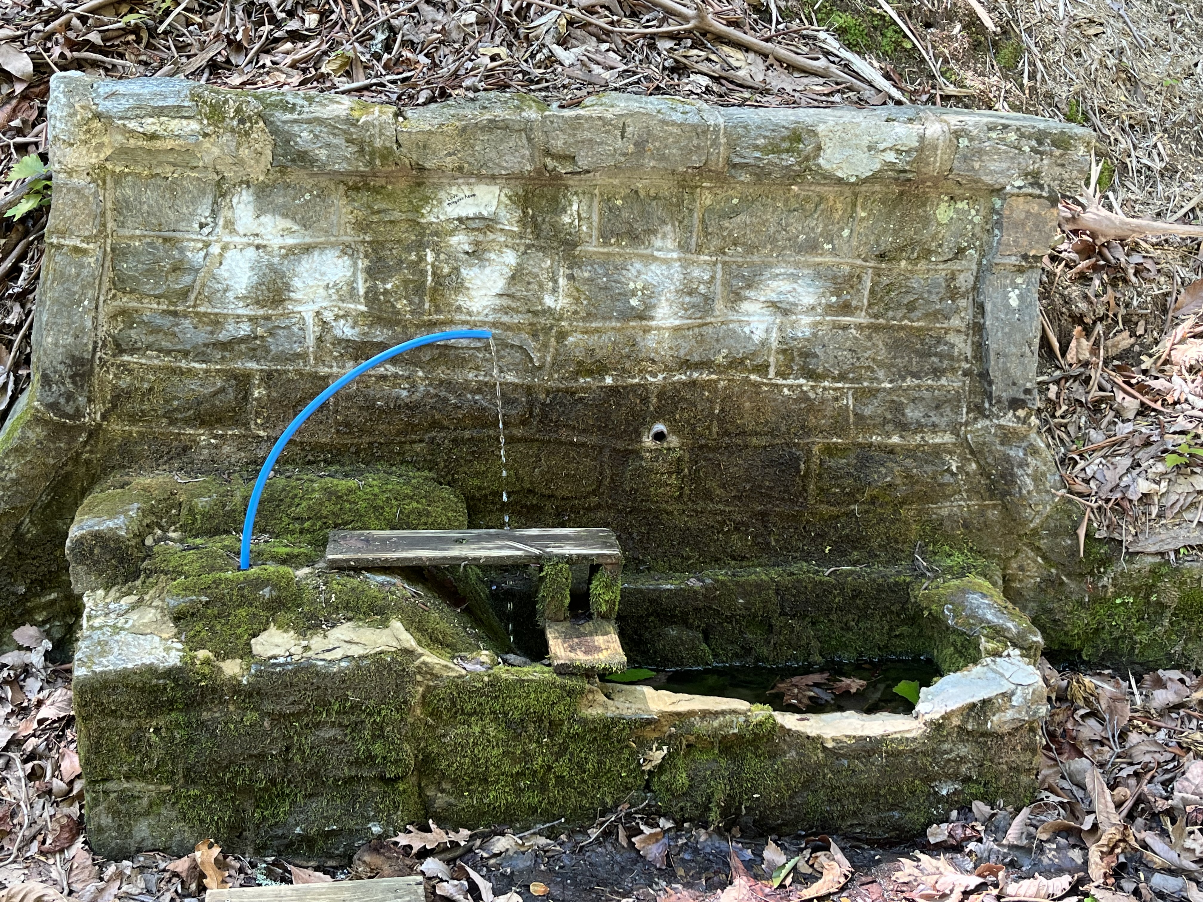 An image of a stone structure near a road with a blue hose that has water flowing out of it with many orange leaves in the vicinty