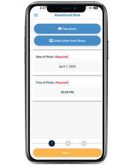 Mobile app interface for reporting an abandoned boat. Screen shows options to "Take photo" or "Select photo from library." Fields for "Date of Photo" and "Time of Photo" are visible, along with a navigation option labeled "Next.