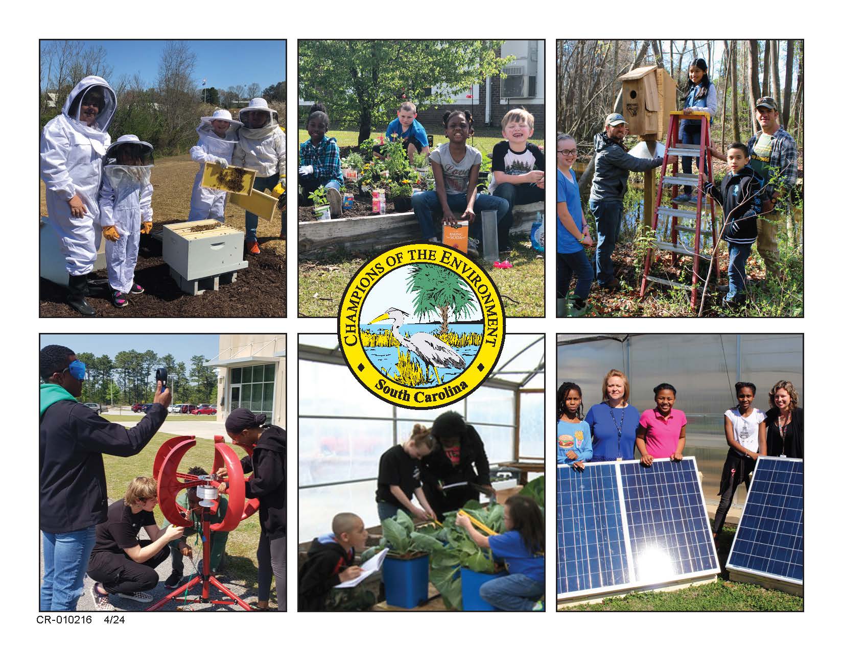 A picture of students and a teach dressed in beekeeping gear, students sitting around a garden, students on a ladder beside a wood duck box, students testing a wind turbine, students working with plants in a greenhouse, students holding solar panels, and the Champions logo