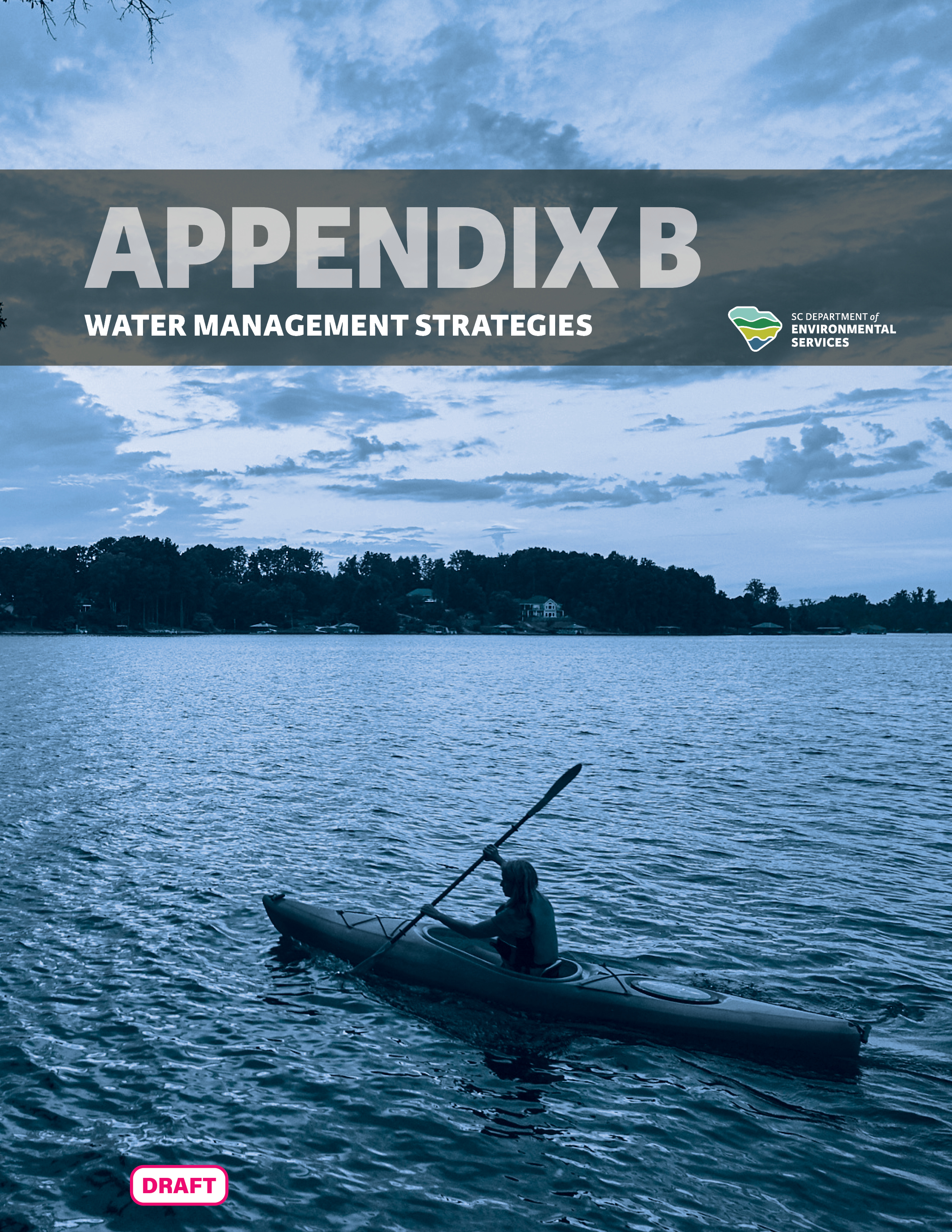 Cover of 'Appendix B: Water Management Strategies' of the State Water Plan, featuring an individual kayaking on a tranquil river at dusk.