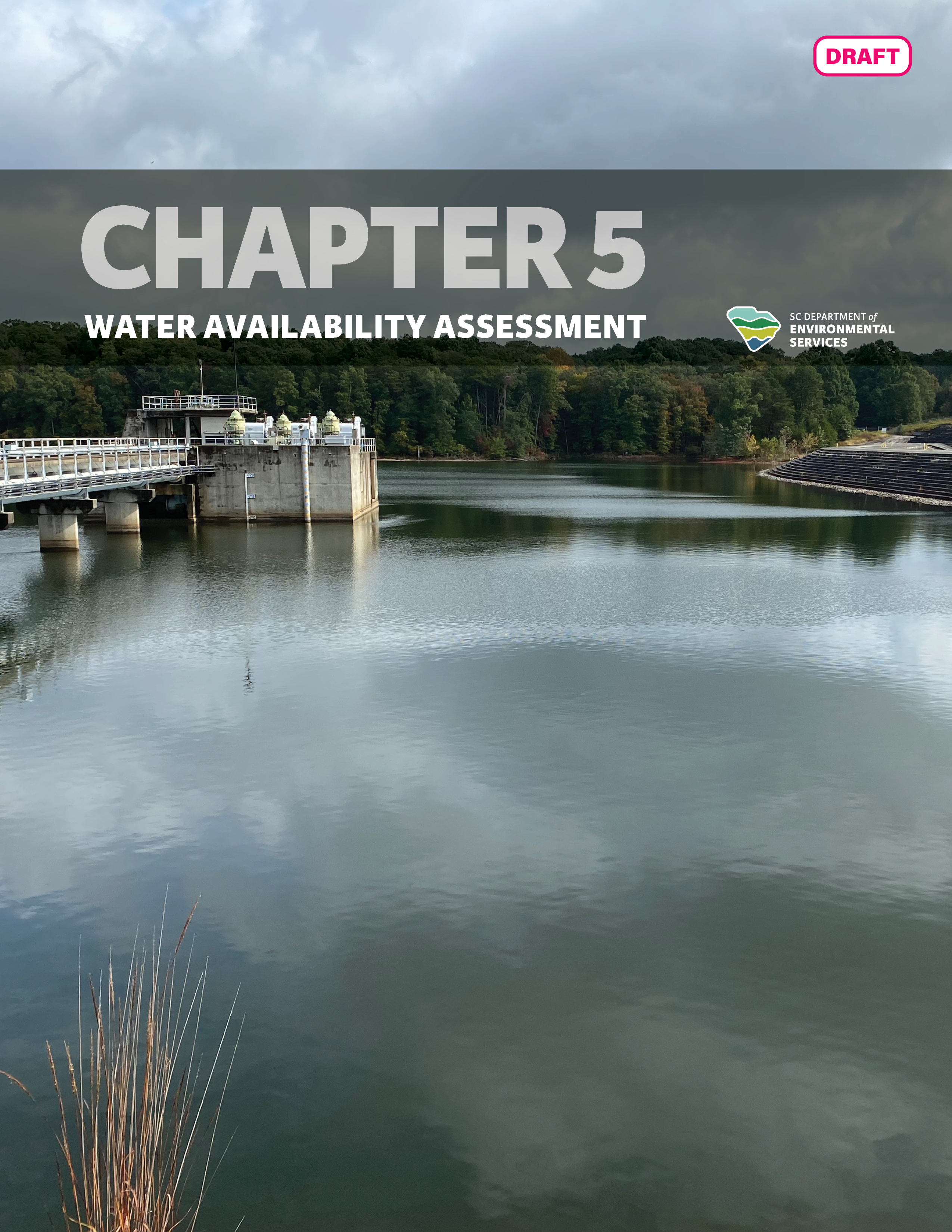 Cover of "Chapter 5: Water Availability Assessment" of the State Water Plan, featuring an image of a tranquil reservoir with a dam under cloudy skies. 