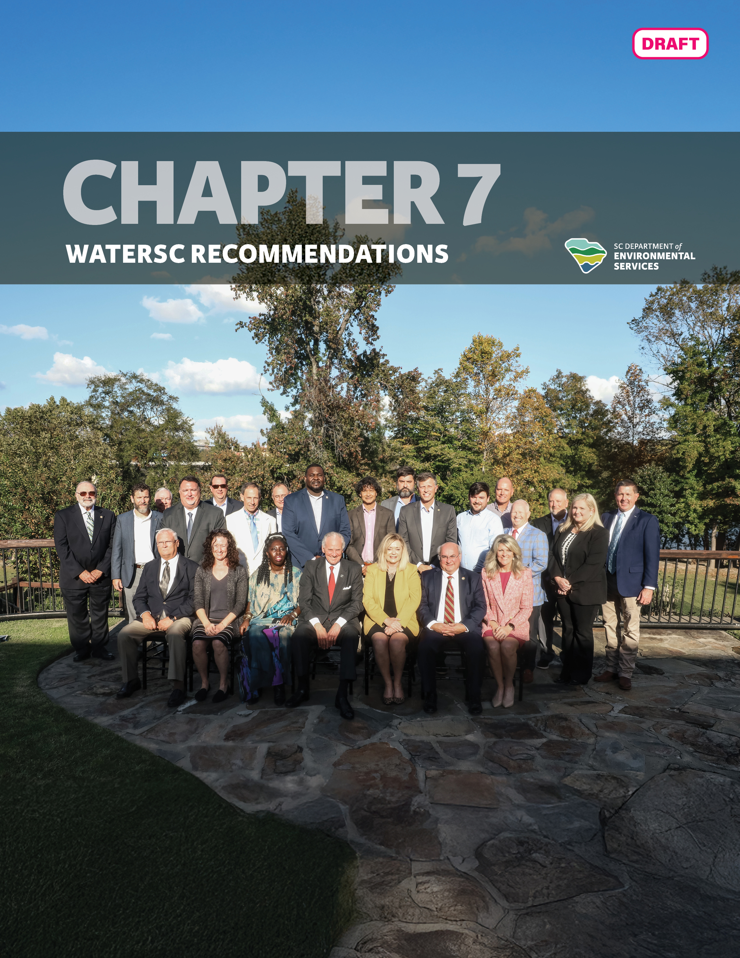 Group of professionals posing for a photo outdoors, with trees and a clear sky in the background. They are standing and sitting in three rows. The image is labeled 'Chapter 7: WATERSC Recommendations' from the draft SWP.