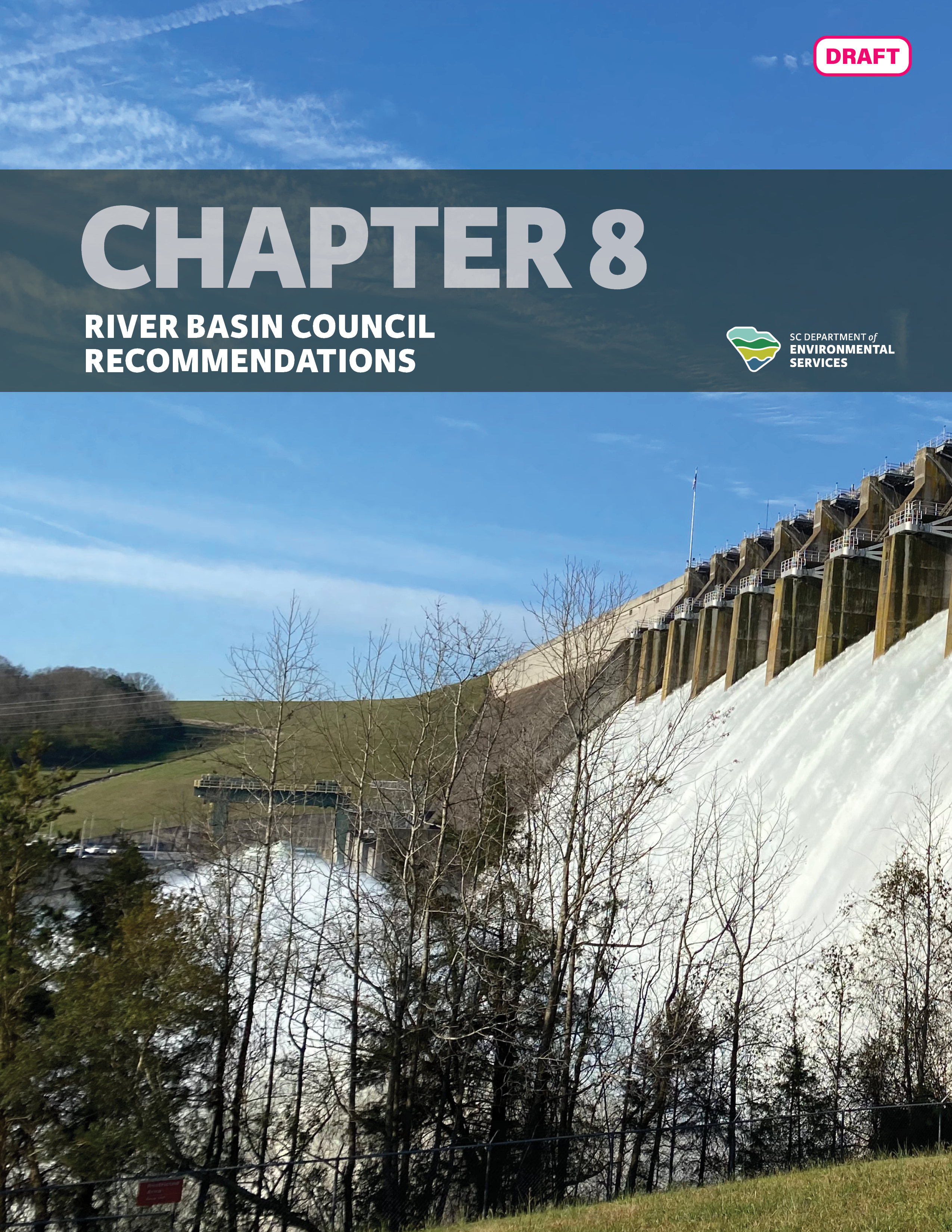 Cover of Chapter 8 of the SWP titled "Chapter 8: River Basin Council Recommendations," featuring an image of a large dam releasing water, under a clear sky. 