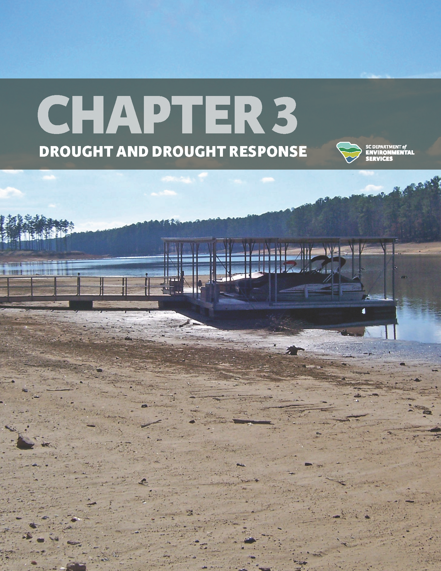 Cover of "Chapter 3: Drought and Drought Response" of the State Water Plan, featuring a low water level at a lake with a dock and boat.