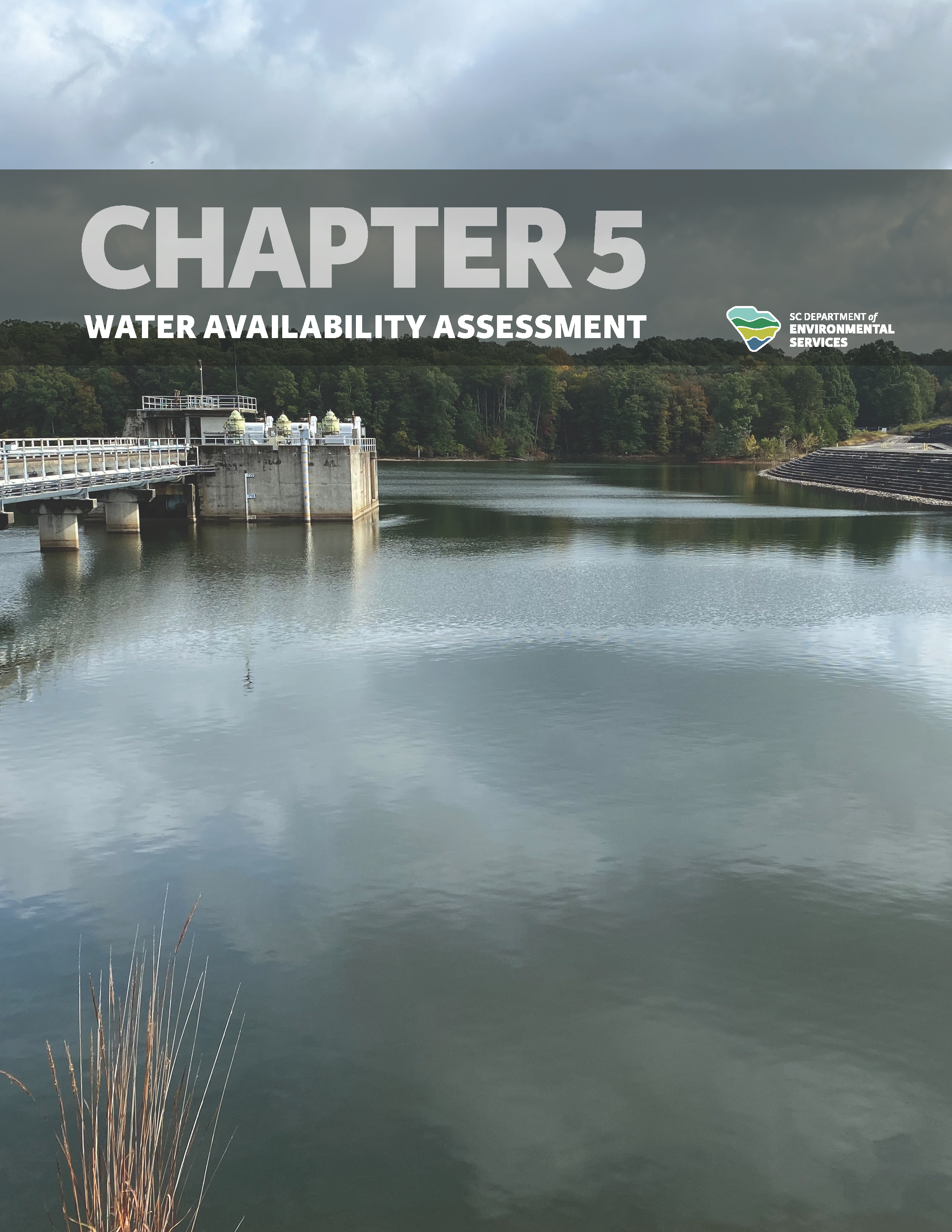 Cover of "Chapter 5: Water Availability Assessment" of the State Water Plan, featuring an image of a tranquil reservoir with a dam under cloudy skies. 