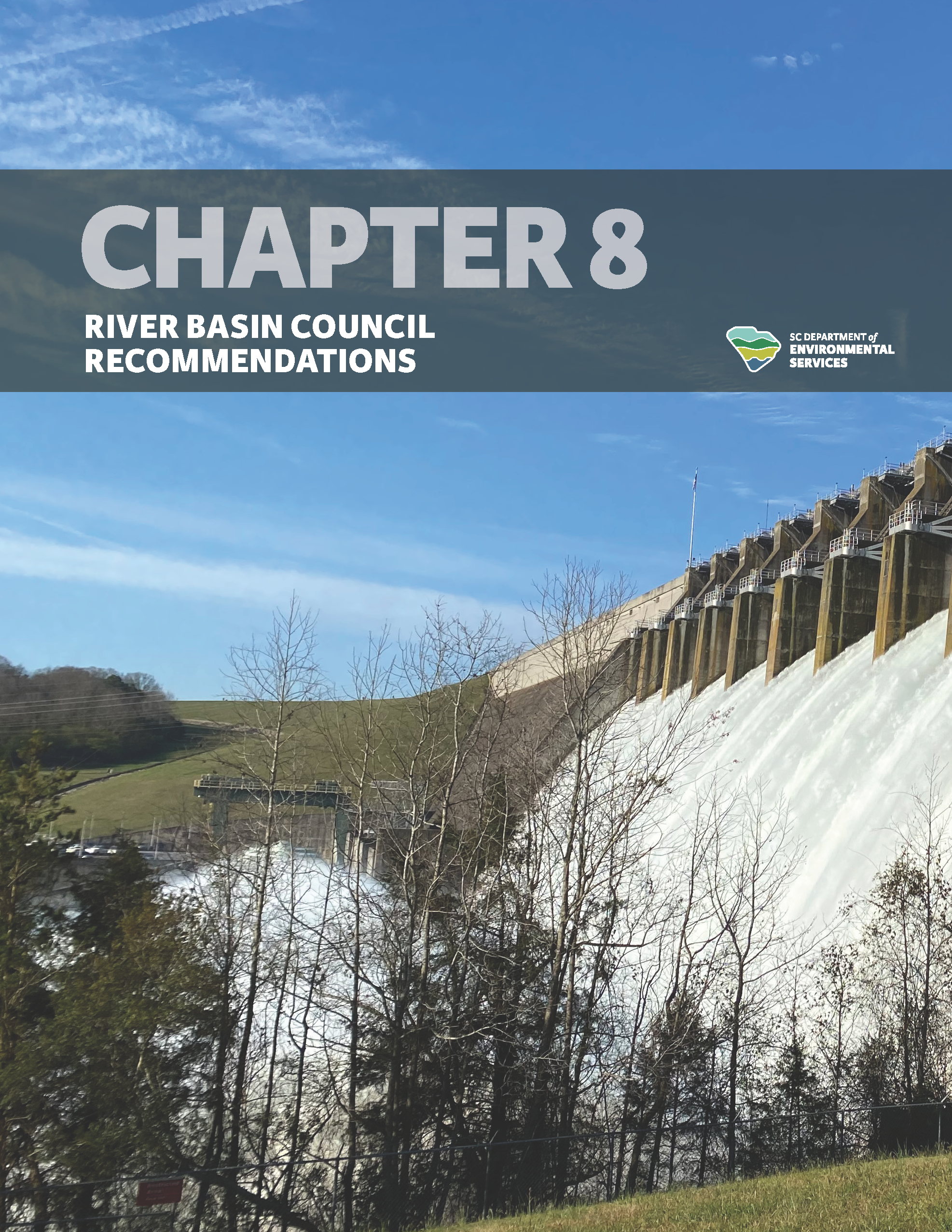 Cover of Chapter 8 of the SWP titled "Chapter 8: River Basin Council Recommendations," featuring an image of a large dam releasing water, under a clear sky. 