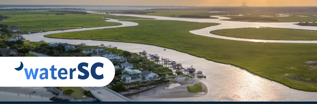 Aerial view of a coastal landscape with winding waterways and a residential area, featuring the logo "waterSC" in the lower left corner.