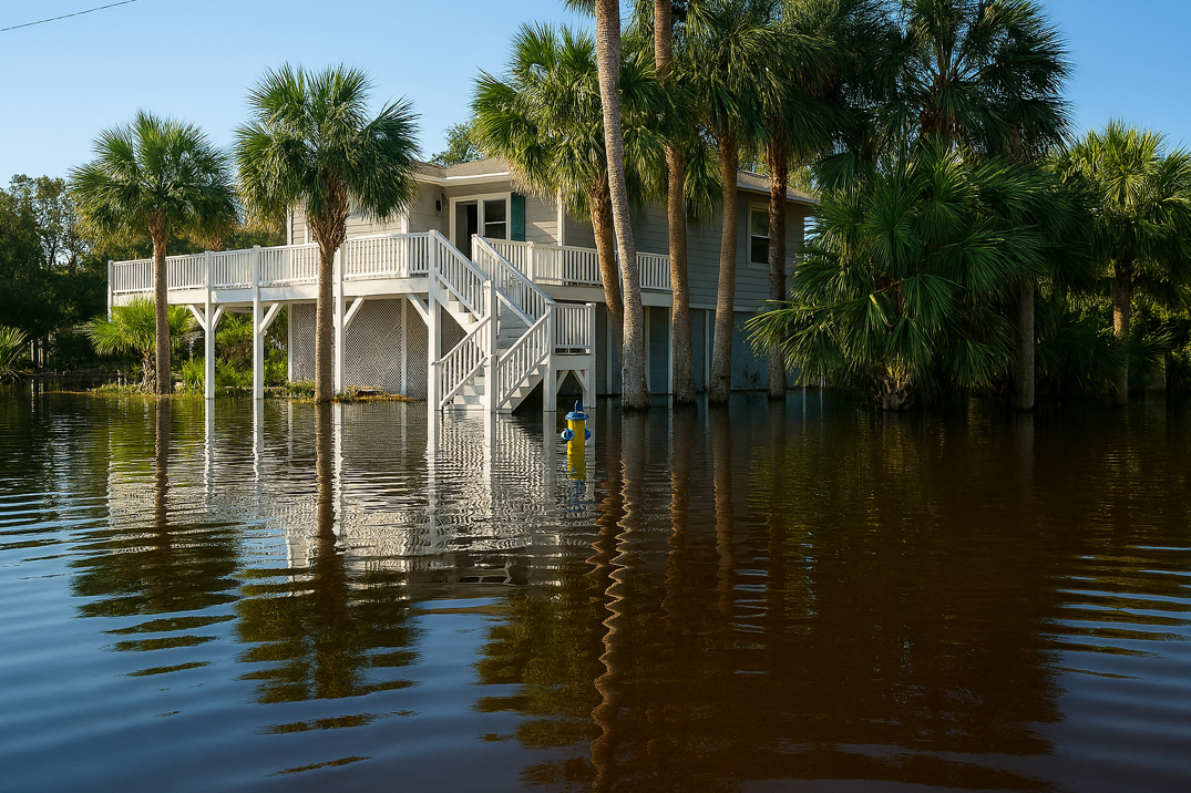 A raised house surrounded by palm trees stands in floodwater with a partially submerged fire hydrant in front.