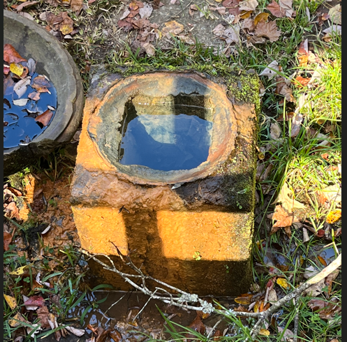 An overview image of the stone structure that encompasses Heath Springs with leaves scattered on the ground in the grass