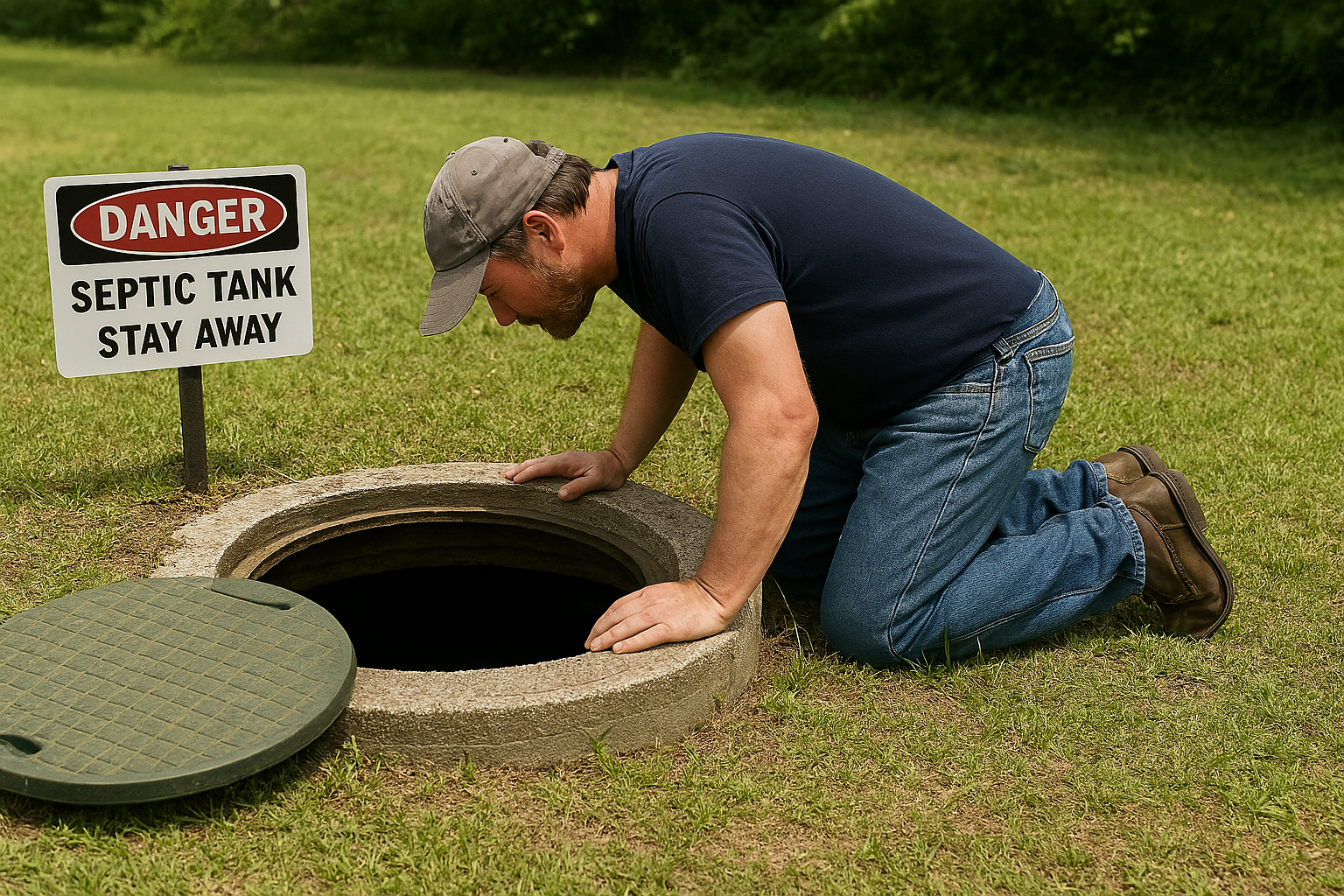 A person kneels on grass and looks into an open septic tank beside a “Danger: Septic Tank Stay Away” sign.