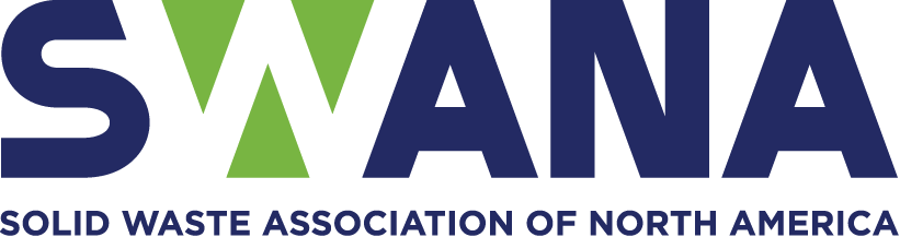 Logo for the Solid Waste Association of North America (SWANA), featuring the acronym “SWANA” in large navy-blue letters with a stylized green “W” formed by two triangular shapes. The full organization name appears below in smaller navy-blue text.