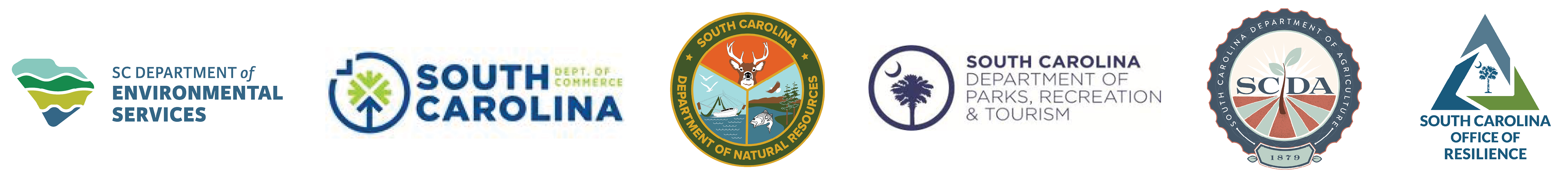 SCDES logo; SC Department of Commerce logo; SC Department of Natural Resources logo;SC Parks, Recreation, & Tourism logo; SC Department of Agriculture logo; SC Office of Resilience logo