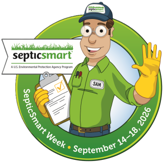 A circular SepticSmart Week 2026 graphic shows a cartoon maintenance worker holding a clipboard and raising one hand. The text around the circle reads “SepticSmart Week • September 14–18, 2026.” The SepticSmart logo appears on the left side.