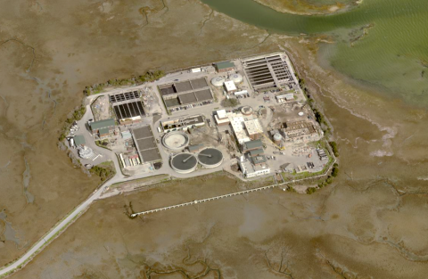 An aerial photo of the Plum Island Wastewater Treatment Plant