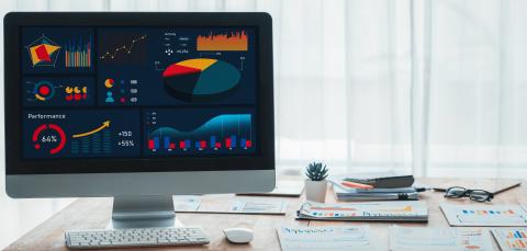 BI power software visualize company data dashboard display on laptop