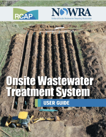 Cover of a user guide showing an aerial view of long trenches filled with onsite wastewater system chambers, with a small excavator positioned at the bottom of the layout.